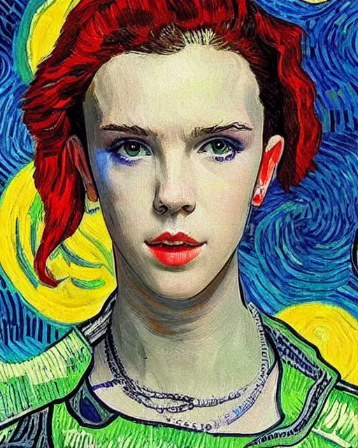 Image similar to portrait of cyberpunk millie bobby brown by vincent van gogh