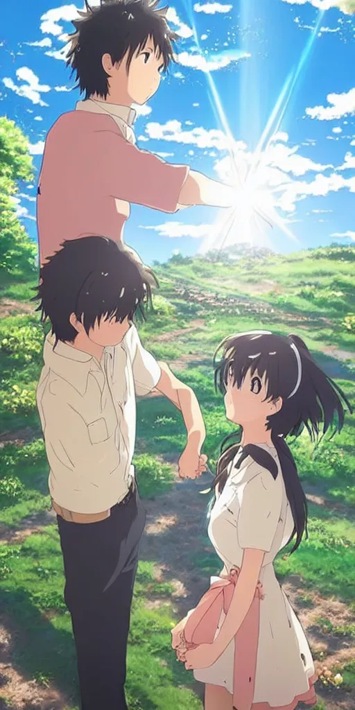 Prompt: a man and a woman holding hands under a beautiful sun drawn like the anime Your Name anime, intricate