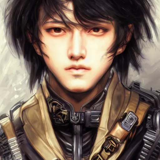 Image similar to portrait of a man by ayami kojima, japanese, he is about 2 0 years old, black short hair with bangs, he is wearing a steampunk tactical gear, highly detailed portrait, digital painting, artstation, concept art, smooth, sharp foccus ilustration, artstation hq