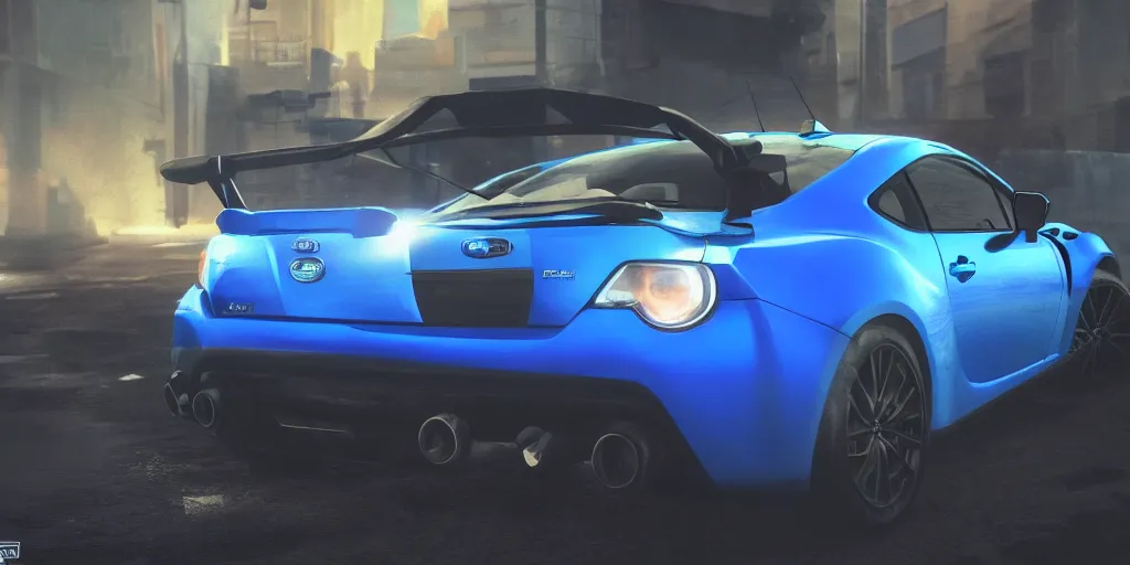 Prompt: video game concept art, blue subaru brz, cell - shaded, 4 k, ultra - high definition, unreal engine, 8 k