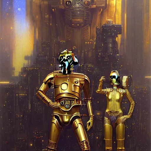 Image similar to portrait c 3 po. spaceship futuristic city. shadowrun cyberpunk fantasy d & d painting by gaston bussiere craig mullins jc leyendecker gustav klimt artgerm greg rutkowski john berkey, bergey, craig mullins, ruan jia, raymond swanland, tom lovell