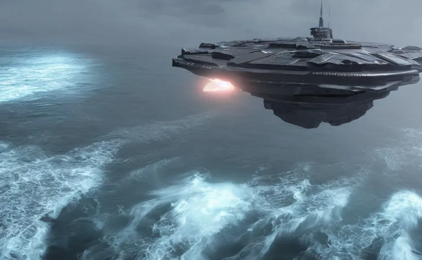 Prompt: a small alien ship flies above a stormy ocean, sci-fi concept art, unreal engine 3d