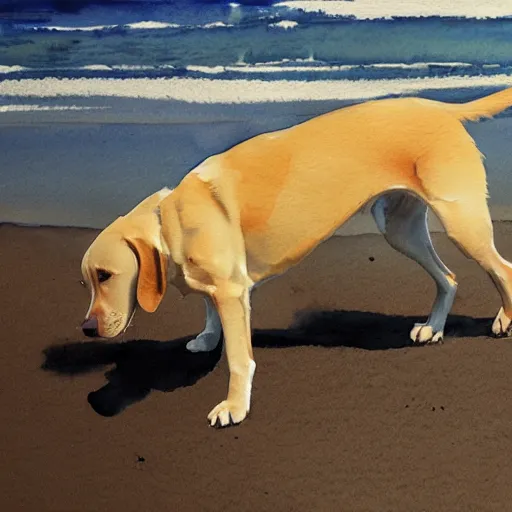 Prompt: A watercolor painting of a yellow Labrador retriever playing by the shore, by Maciej Kuciara, Award Winning, trending on Artstation