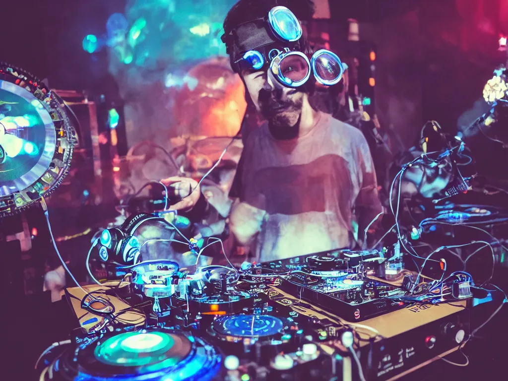 Image similar to a person wearing goggles and visor and headphones using a steampunk record player contraption, wires and tubes, turntablism dj scratching, intricate planetary gears, cinematic, imax, sharp focus, leds, bokeh, iridescent, black light, fog machine, hazy, lasers, hyper color digital art, cyberpunk