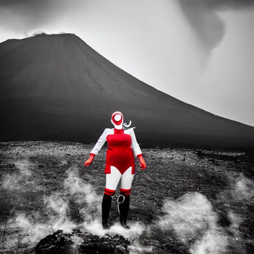 Prompt: white woman suit with red gasmask, standing close to volcano, fire raining, professional photography, black and white, cinematic, eerie