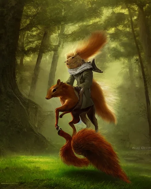 Prompt: oil painting of Donald Trump riding on Squirrel, wearing green cloak, sharp focus, fantasy style, octane render, volumetric lighting, 8k high definition, by greg rutkowski, highly detailed, trending on art Station, magic the gathering artwork, magical forest backround, centered