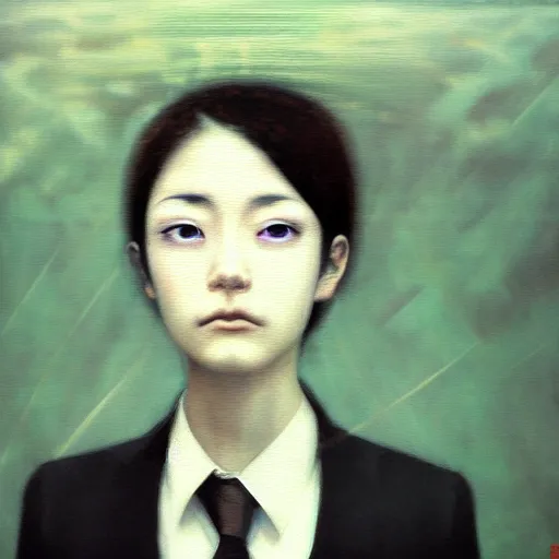 Image similar to yoshitaka amano blurred and dreamy realistic three quarter angle portrait of a young woman with short hair and black eyes wearing office suit with tie, junji ito abstract patterns in the background, satoshi kon anime, noisy film grain effect, highly detailed, renaissance oil painting, weird portrait angle, blurred lost edges