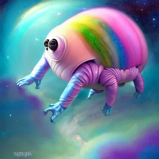 Prompt: a very real looking at tardigrade, it has rainbow hair and a beautiful unconventional face, deep space in the background, elegant, highly detailed, digital painting, artstation, realism, concept art, pop, smooth, mythological, sharp focus, qualia, illustration, art by mark ryden 3 d 8 k ultra detailed