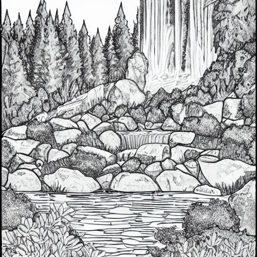 Image similar to a grayscale adult coloring page of a waterfall in the enchanted forest