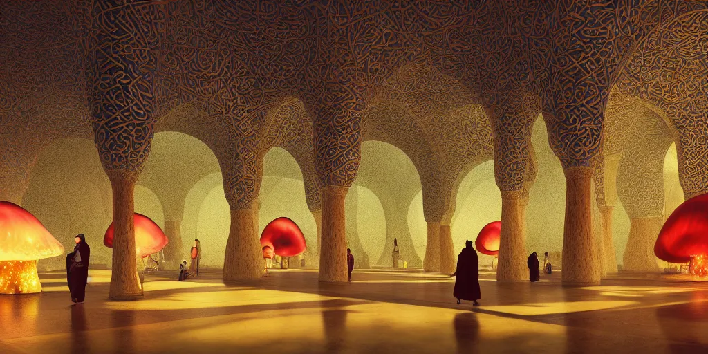 Image similar to Photorealistic exterior of a mosque in giant glowing mushroom underworld, with great domes and arches, people and androids wearing traditional japanese clothing. photorealism, UHD, amazing depth, glowing rich colors, golden ratio, 3D octane cycle unreal engine 5, volumetric lighting, cinematic lighting, cgstation artstation concept art