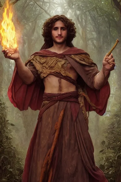 Prompt: Diego Boneta, druid, cleric, flame spell, burning hands, bicpes, muscular, D&D, fantasy, intricate, cinematic lighting, highly detailed, beautiful, digital painting, artstation, masterpiece, concept art, smooth, sharp focus, illustration, art by Artgerm and Greg Rutkowski and Alphonse Mucha and william-Adolphe Bouguereau