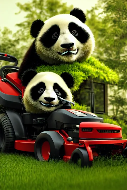 Image similar to a panda driving a lawn mower mowing his lawn, suburban garden, cgsociety and beeple highly detailed, cinematic lighting, illustration, art, octane render, unreal engine lumen, very coherent. cinematic, hyper realism, high detail, octane render, 8 k