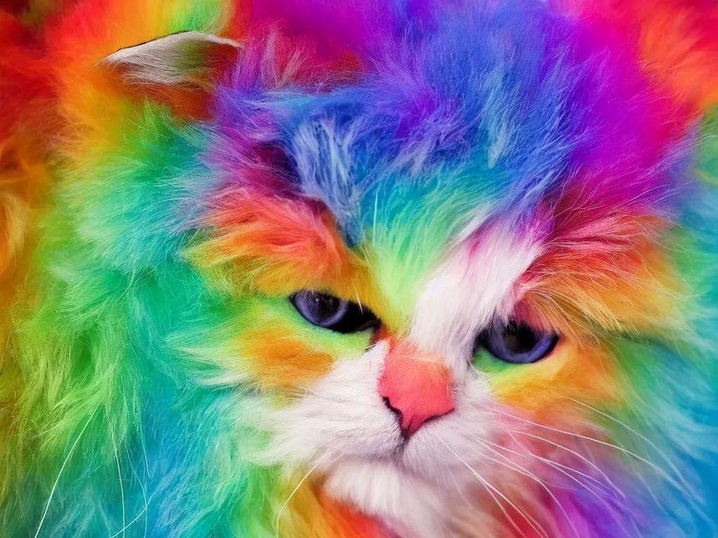 Image similar to cute and funny, rainbow fluffy cat by Rosina Wachtmeister, trend on artstation, vikiart, hyper reailstic, ultra detailed, cinematic, trending on artstation, Ultra detailed, hyper realistic 4k