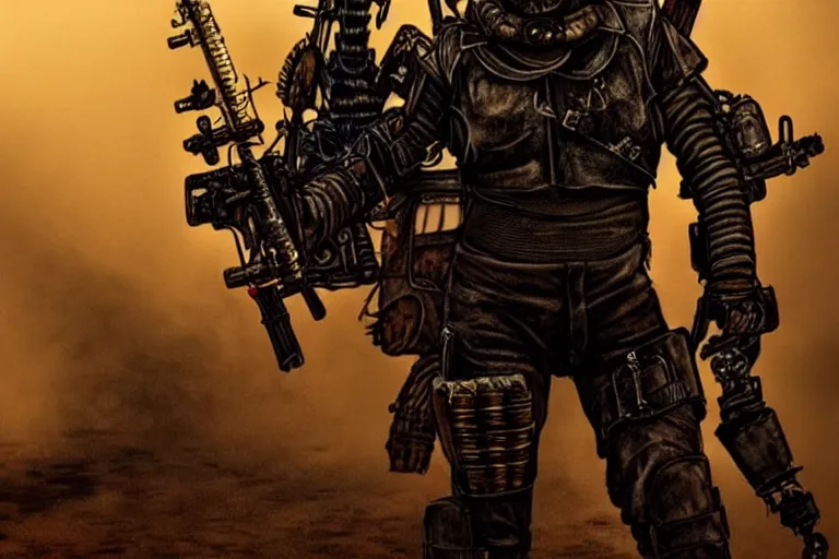 Image similar to a fursona ( from the furry fandom ), heavily armed and armored facing down armageddon in a dark and gritty version from the makers of mad max : fury road. witness me.