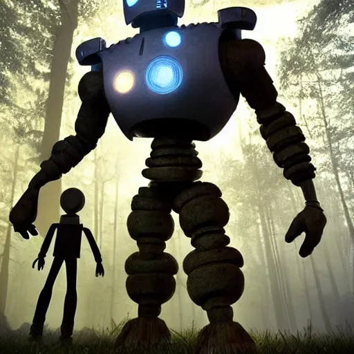 Image similar to ultra realistic and intricate detailed photograph of iron giant with his friend gold giant, 1999 pixar movie, forest, technology, innovation, bright modern style, artstation, unreal render, depth of field, ambient lighting, award winning, stunning