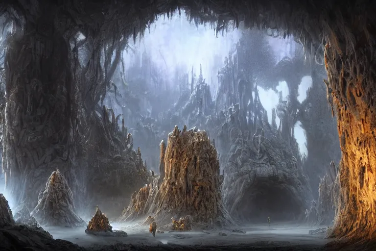 Image similar to A hyper realistic detailed matte painting of the entrance to a dungeon of the maw at the base of a psychedelic monolith, dramatic lighting, dynamic lighting, cinematic lighting, lit by morning light, by Raphael Lacoste and John Howe and Jonathan Berube, unreal engine, featured on artstation, ultrawide angle, polarizer filter, crowd of mushrooms