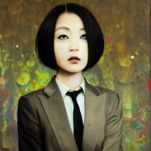 Image similar to yoshitaka amano blurred and dreamy realistic three quarter angle portrait of a young woman with short hair and black eyes wearing office suit with tie, junji ito abstract patterns in the background, satoshi kon anime, noisy film grain effect, highly detailed, renaissance oil painting, weird portrait angle, blurred lost edges