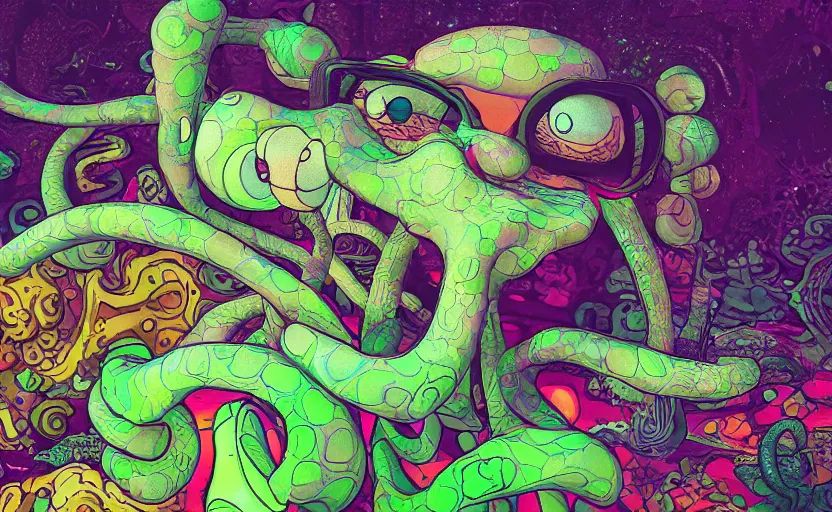 Image similar to squidward taking an acid trip, digital painting, octane render, psychedelic, intricate detail, highly detailed