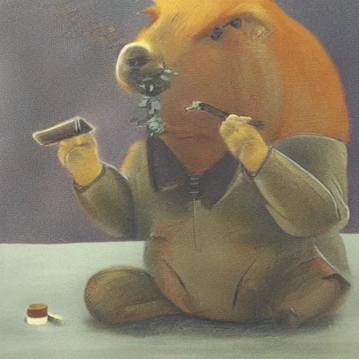 Image similar to an accurate capybara wearing a business suit and smoking a cigar in his mouth