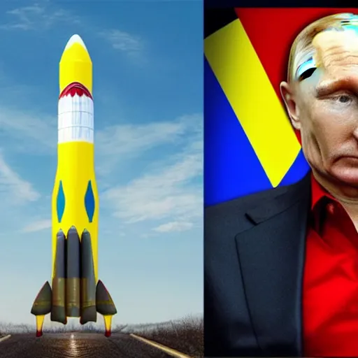 Prompt: Putin in a rocket with Ukrainian colors with a gun as a body and horns on his head.