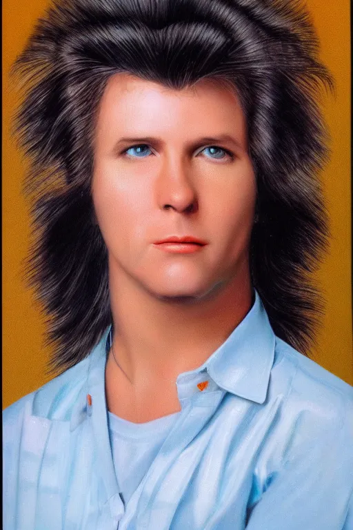 Image similar to an original beeple portrait of a typical member of generation x, in the style of a 1 9 8 0's glamour shot, beautiful flowing mullet hairstyle