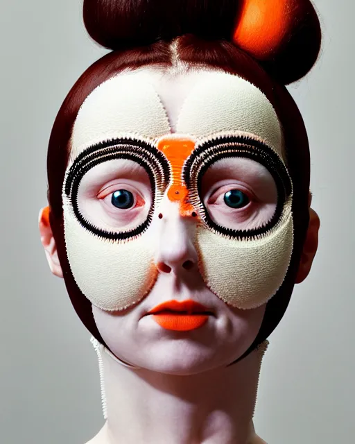 Prompt: symmetrical close - up portrait of a woman wearing a orange silicone embroidered beauty mask and hair buns, wearing a black bodysuit by alexander mcqueen, cream white background, soft light, biotechnology, humanoide robot, bjork aesthetic, translucent, by rineke dijkstra, intricate details, highly detailed, masterpiece,