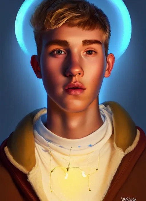 Image similar to portrait of high school senior boy named big moose, blonde short hair, jock, beefy, wide face, square jaw, square facial structure, blue varsity jacket with his name, intricate, elegant, glowing lights, highly detailed, digital painting, artstation, concept art, sharp focus, illustration, art by wlop, mars ravelo and greg rutkowski