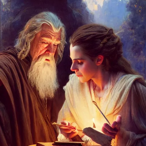 Image similar to gandalf and emma watson studying magic, highly detailed painting by gaston bussiere, craig mullins, j. c. leyendecker 8 k