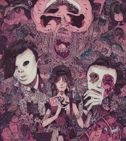 Image similar to portrait, nightmare anomalies, leaves with yakuza by miyazaki, violet and pink and white palette, illustration, kenneth blom, mental alchemy, james jean, pablo amaringo, naudline pierre, contemporary art, hyper detailed