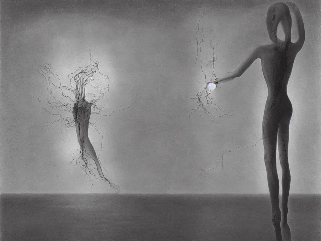 Prompt: human body made of transparent glass with visible nervous system floating over the dark lake. painting by karl blossfeldt, agnes pelton, rene magritte, walton ford, caspar david friedrich