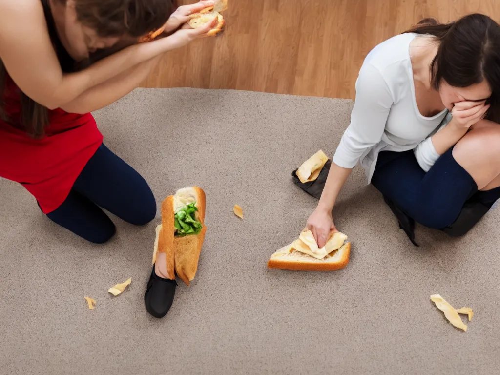Image similar to woman very upset that she dropped her sandwich on the floor, High Definition detail, 8K, photography