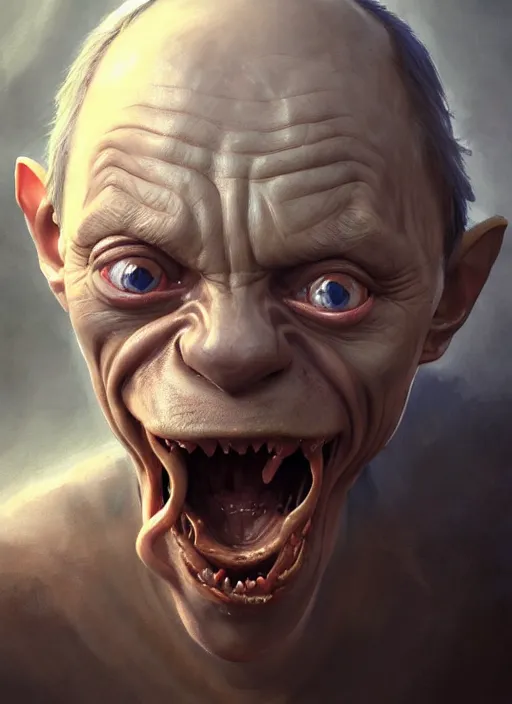 Image similar to portrait of vladimir putin as gollum, subsurface scattering, by jesper ejsing, justin gerard, tomasz alen kopera, cgsociety and fenghua zhong, highly detailed, rim light, cinematic lighting, illustration, art, octane render, very coherent, cinematic, hyper realism, high detail, octane render, 8 k