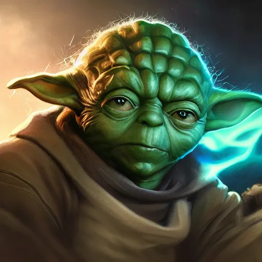 Image similar to portrait of yoda, league of legends amazing splashscreen artwork, gears of war, splash art, natural light, elegant, photorealistic facial features, intricate, fantasy, detailed face, atmospheric lighting, anamorphic lens flare, cinematic lighting, league of legends splash art, hd wallpaper, ultra high details by greg rutkowski