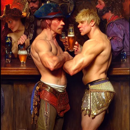 Image similar to attractive muscular arthur pendragon and muscular attractive merlin go to a pub together to have some drinks. highly detailed painting by gaston bussiere, craig mullins, j. c. leyendecker, alphonse mucha 8 k