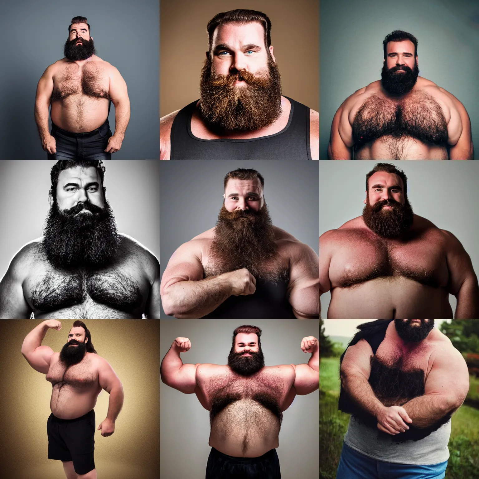 Prompt: big burly strongman with thick hair and a thick beard suddenly growinng in size, photography