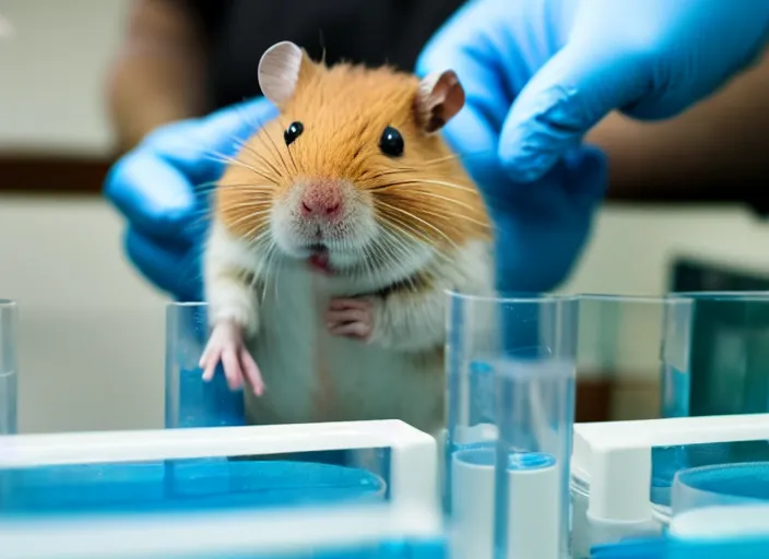 Prompt: film still of a hamster working in a research lab filling test tubes, 8 k