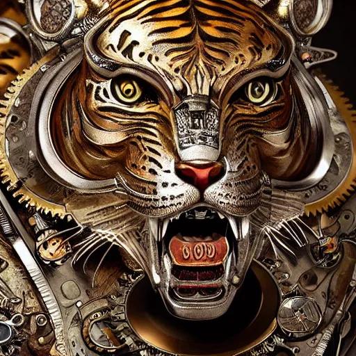 Prompt: A steampunk roaring tiger head made from ornate engraved full plate armor and watch gears and jewels and gems, macro shot by Justin Gerard, unreal engine, detailed, intricate, physically based rendering