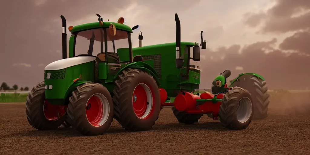 Image similar to a cute little tractor pulling a tank, highly detailed, photorealistic portrait, bright studio setting, studio lighting, crisp quality and light reflections, unreal engine 5 quality render