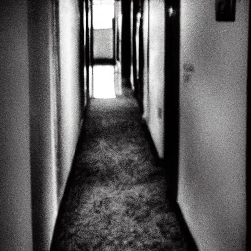 Image similar to I see shadows in the halls, dark ambiance, film grain, horror elements.