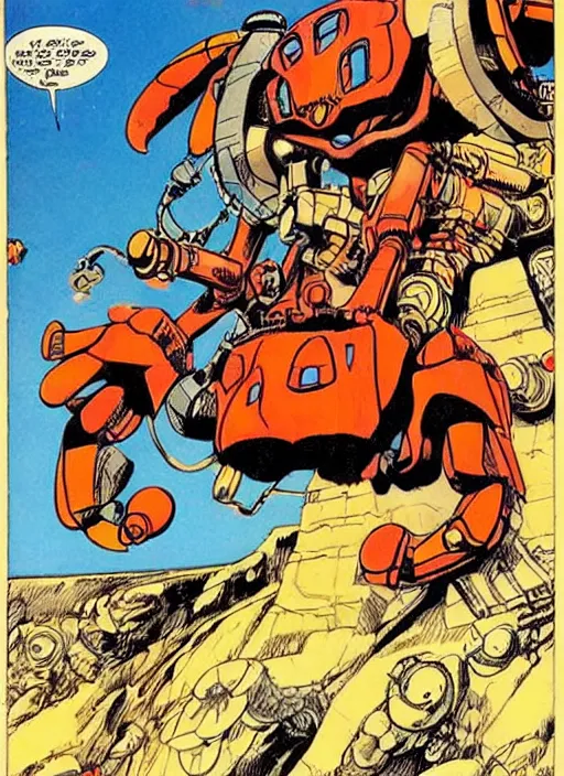 Image similar to comic book drawing of a giant mechanical robot crab at the grand canyon by jack kirby!!! and simon bisley, epic, awesome trendy color palette, black ink outlines