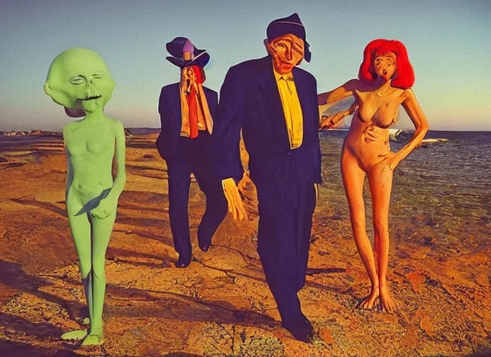 Image similar to dramatic color photo of dadcore occult wizards on vacation in ibiza by basil wolverton by robert crumb by william eggleston by annie leibovitz by chet zar, detailed and creepy, fujifilm velvia 5 0, color photography, sigma 2 8 mm