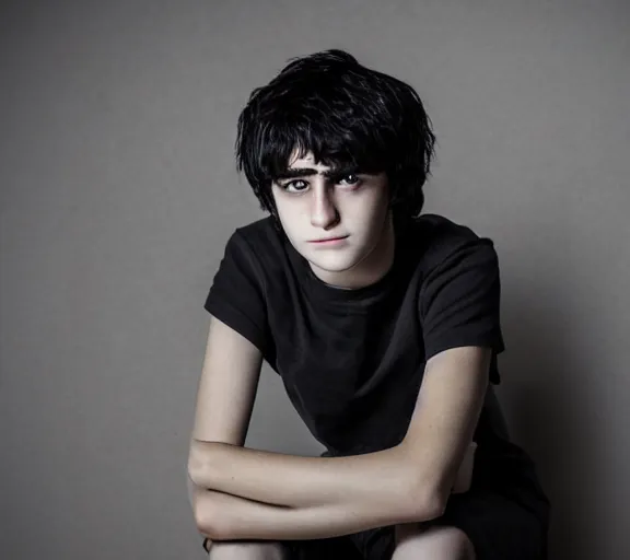 Prompt: an 8 5 mm professional portrait of nico di angelo, a 1 5 - year - old thin italian boy with pale olive skin, black sullen eyes, emo, sleep deprived, son of hades, shaggy black hair, a reluctant smile, detailed professional photography, night lighting, defiant, ghosts theme, volumetric lighting