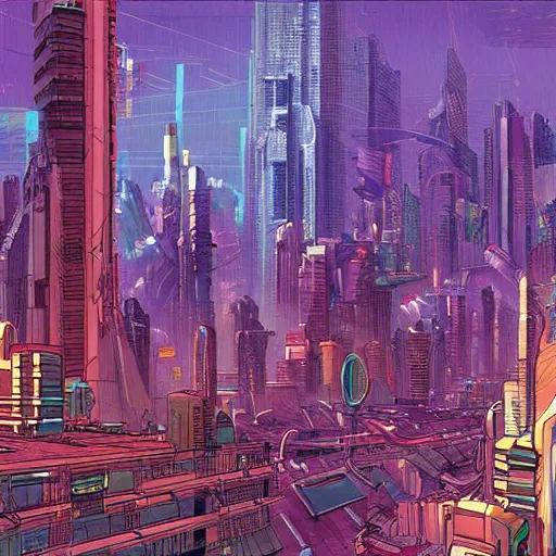 Prompt: a cyberpunk city, digital painting by moebius