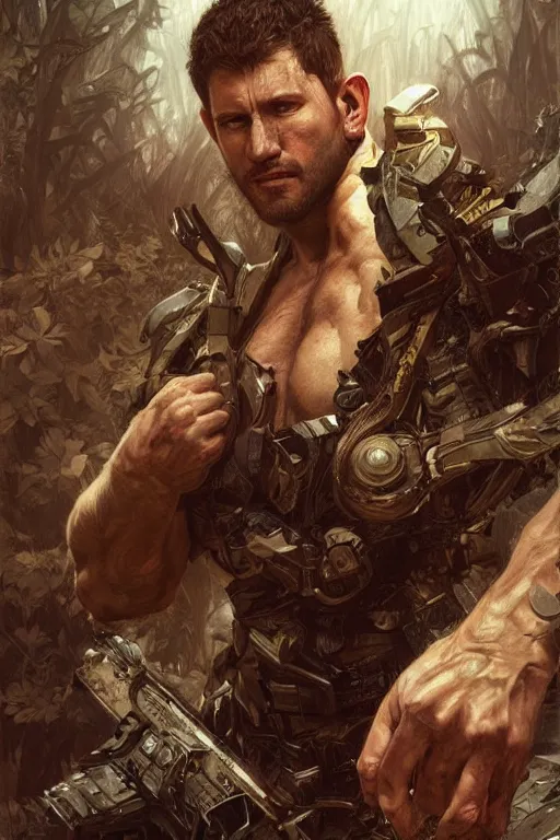 Image similar to portrait of chris redfield as a pathetically weak man, forest, full body, fantasy, intricate, elegant, highly detailed, digital painting, artstation, concept art, sharp focus, illustration, art by artgerm and greg rutkowski and alphonse mucha