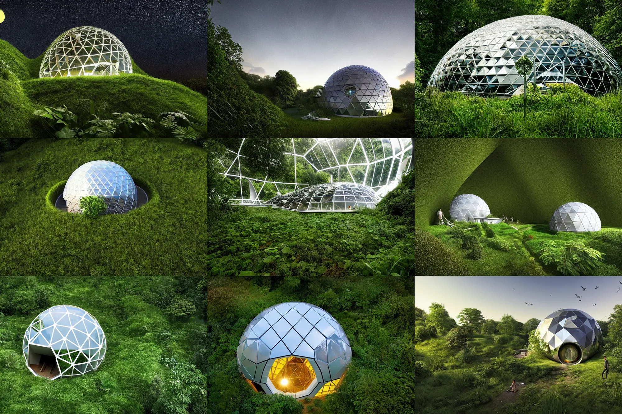 Prompt: underground geodesic house integrated into the ground, by buckminster fuller zaha hadid simon stalenhag, roof with vegetation, architecture award winner, spiral, golden ratio, phi, architect studio, evening, at dusk lighting, domespace, solarpunk, sustainable architecture, green architecture, environmental architecture