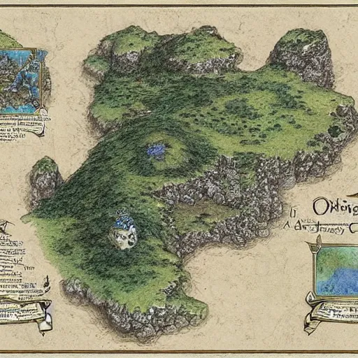 Image similar to an isometric fantasy map, simple, uncluttered, minimal, the land of Odrua, continent with mountains lakes hills and cities, by brian froud by jrr tolkien