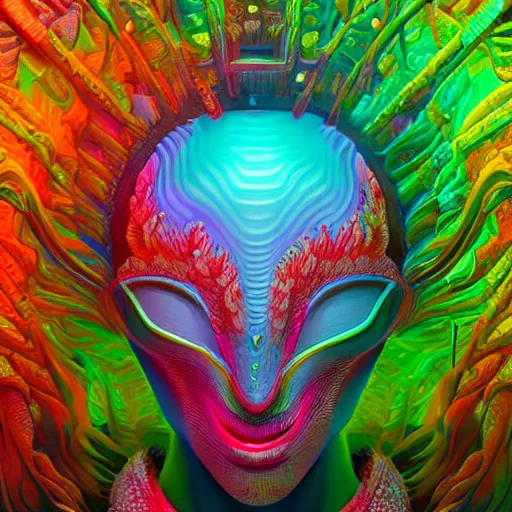 Image similar to Face of a Alien Deity, corals, plume made of geometry, extremly detailed digital painting, sharp focus in the style of android jones, artwork of a futuristic artificial intelligence superstar, mystical colors, rim light, beautiful lighting, 8k, stunning scene, raytracing, octane, under water visual distortion, dark tones colors, trending on artstation