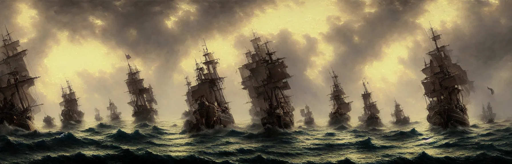 Prompt: A beautiful painting of battle of multiple pirate warships in the violent sea amidst heavy rain and thunderstorm, ominous sky, dead bodies and broken ship parts are floating on water; by greg rutkowski, thomas kinkade, artstation