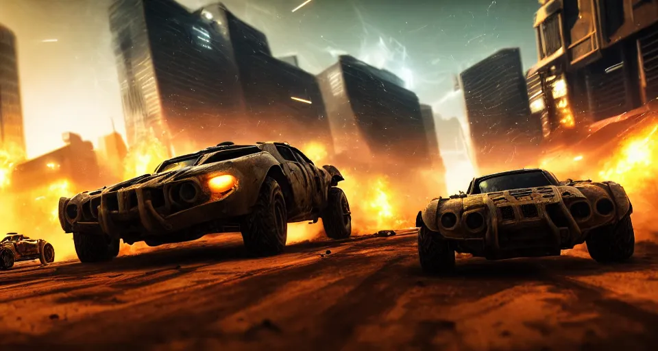 Image similar to macro closeup photo of halo warthogs being chased in a post apocalyptic city, night, smoke, dust, embers, mad max, action, speed, rocket league, volumetric lighting, hdr, need for speed, gta 5, ridley scott, syd mead, craig mullins, cinematic, octane