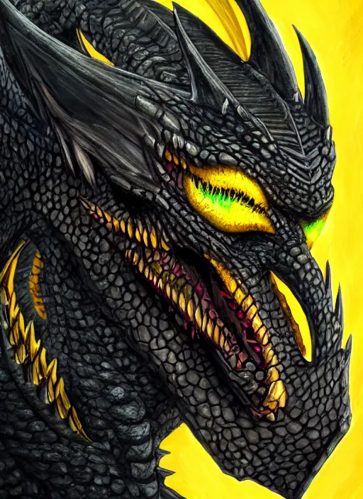 Image similar to closeup portrait of black dragon head with yellow eyes, ultra realistic, fantasy, magic, dnd,